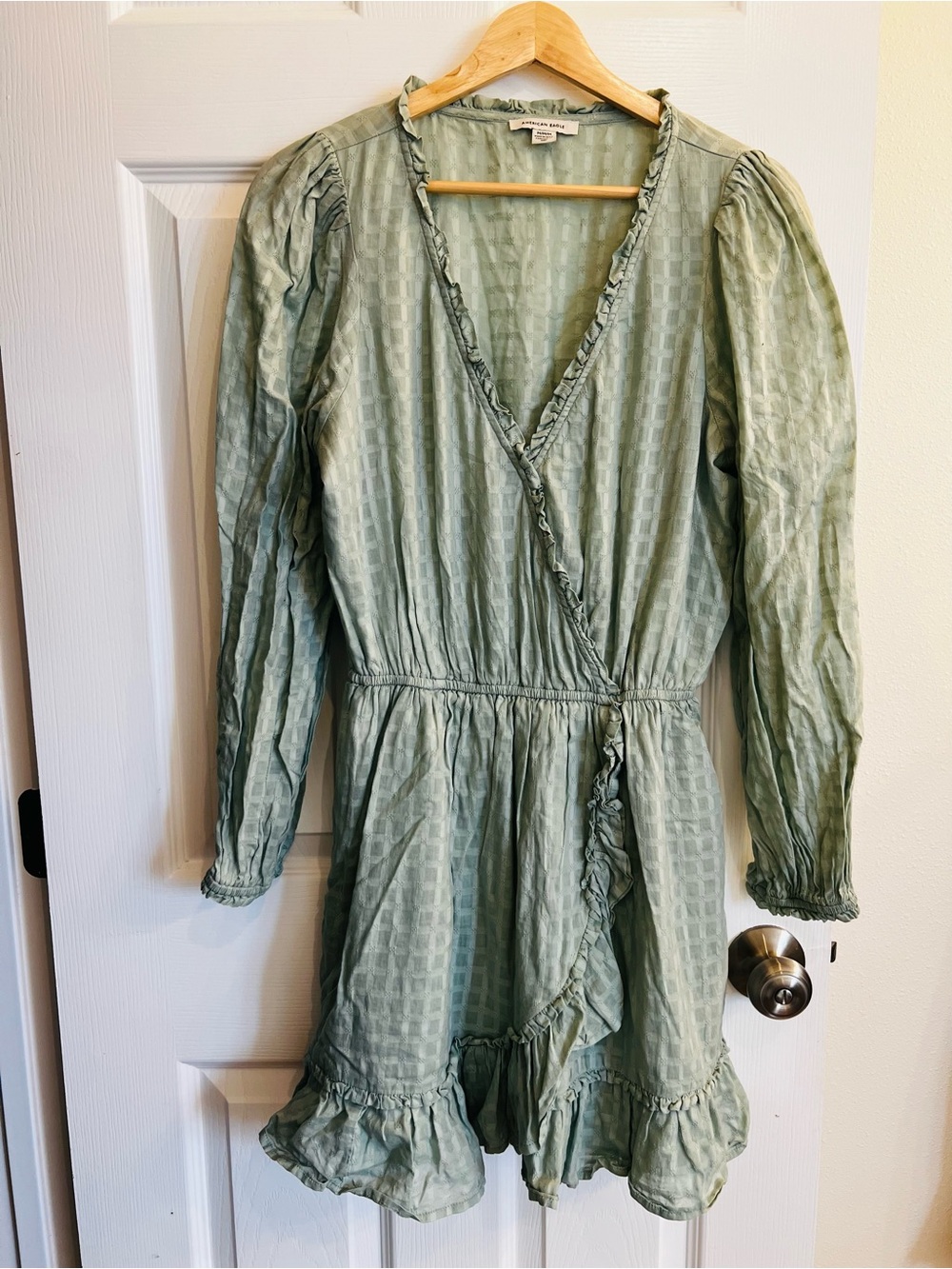 American Eagle Outfitters Sage Green Wrap-Style Long Sleeve Mini Dress